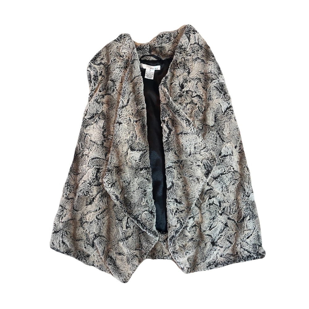 WD NY Faux Fur Vest Women Size Medium Open Front Cream, Brwn and Gray Western